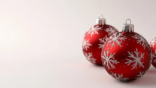 Red Christmas baubles with silver snowflake glitter pattern.