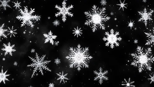 Intricate white snowflakes drift across deep black night sky.