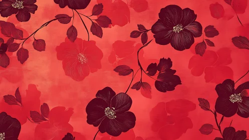 Red Floral Background with Botanical Elements