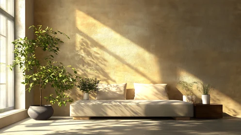 Sunlit minimalist lounge where houseplants quietly exhale calm.