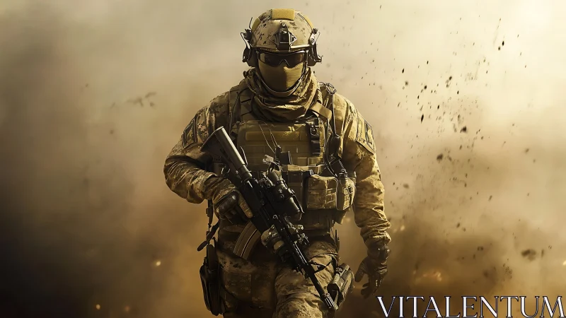 Dust-shrouded commando strides forward through digital war