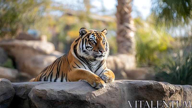 Tiger lies on sunlit rock ledge in controlled outdoor habitat