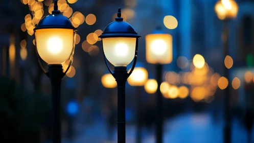 City streetlamps at dusk with shallow depth and warm bokeh
