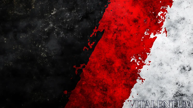 Diagonal red stripe divides distressed black and white fields