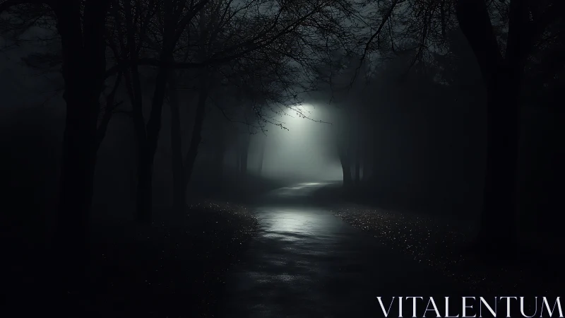 Foggy nocturnal forest path with backlit atmospheric haze