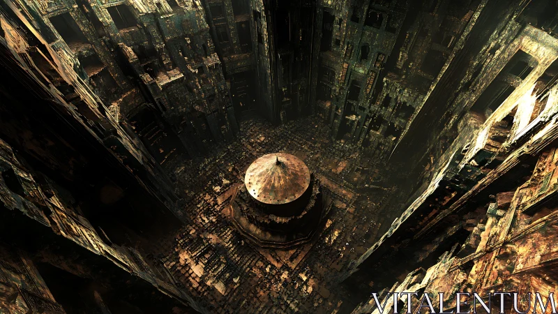 Ancient sunken chamber with a quiet, mysterious monument.