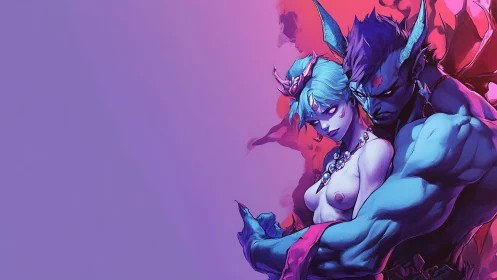 Horned fantasy couple in stylized neon embrace.