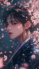 Serene androgynous portrait framed by soft cherry blossoms.