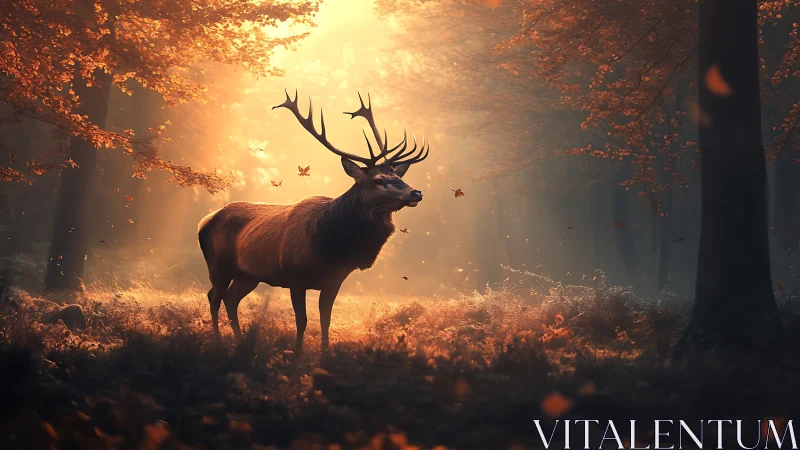 Majestic stag stands under golden autumn forest light
