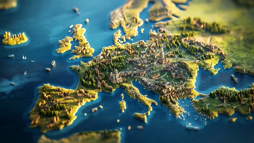 Miniature storybook Europe rising from a sunlit blue sea.