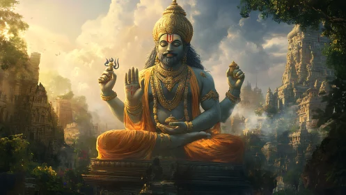 Blue-skinned deity statue sits cross-legged in ornate temple complex