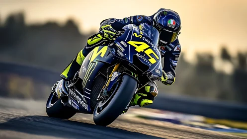 High-lean MotoGP superbike apexing with racing aerodynamics.