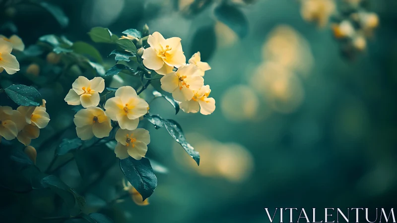 Yellow roses with water droplets against teal bokeh background.