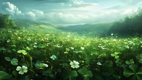 Four leaf clover meadow stretches across sunlit green hills