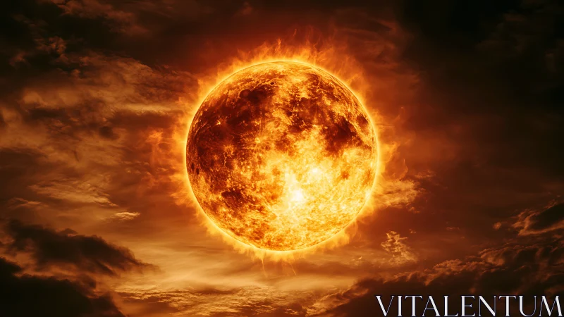 Solar sphere radiating plasma corona in turbulent clouds.