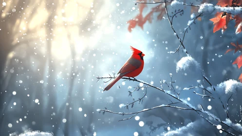 Scarlet cardinal rests in a softly glowing winter forest