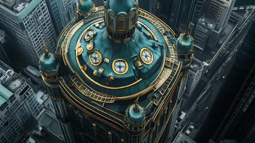 Ornate Turquoise Dome With Golden Clocks Gleaming Above the City
