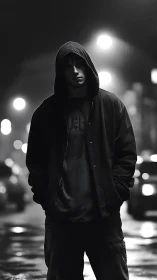 Hooded nightwalker under rain-glossed city halos.