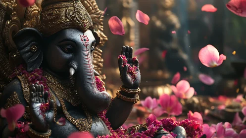 Ganesha statue receives cascading petals in ornate temple