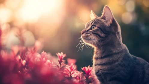 Tabby cat gazing upward amid luminous pink floral garden setting