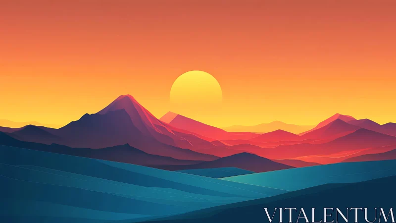 Sunlit gradient mountains under glowing amber sky.