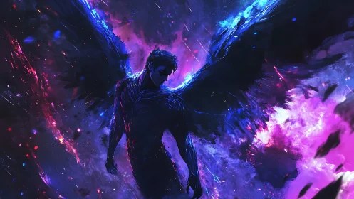 Nebula-winged shadow angel walks through electric stardust.