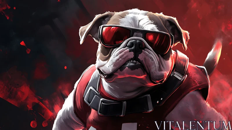 Bulldog wearing red visor sunglasses in stylized portrait.