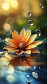 Golden water lily with suspended droplets and bokeh glow.