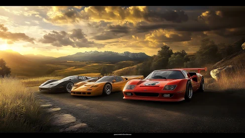 Sports cars parked on rural road at sunset landscape.