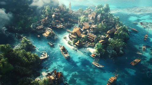 Tropical Island Settlement: Architectural Rendering with Waterfront Infrastructure.