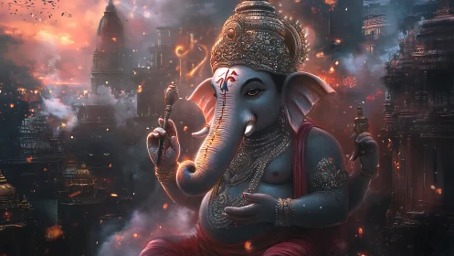 Digital rendering depicts Ganesha figure amid temple city