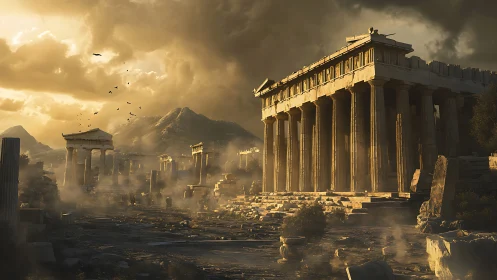 Digital painting of ruined Parthenon in storm-lit golden dustscape.
