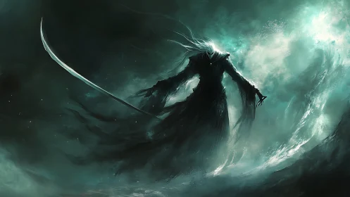 Stormlit reaper figure strides through swirling teal mist