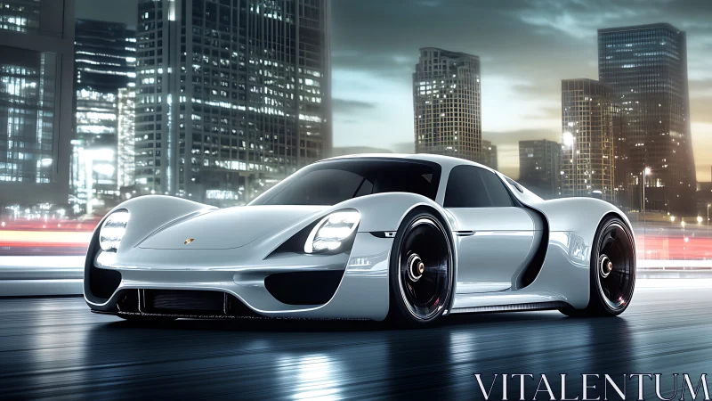 Silver street missile slices through neon city twilight.