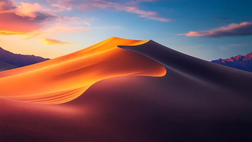 Sunlit desert dune ridge glows against deep twilight sky