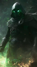 Mysterious hooded wanderer glowing with eerie green power.