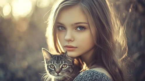 Female figure with tabby cat in warm backlighting