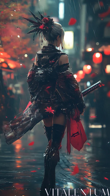 Samurai woman in red walking alone in rainy neon street.