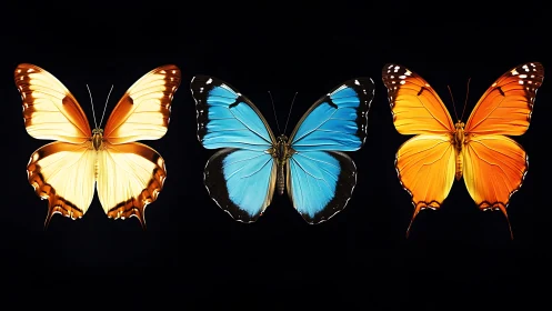 Vibrant trio of butterflies glows against deep black background