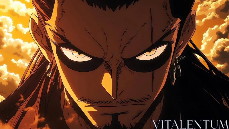 Close frontal view of anime male face against orange sky.