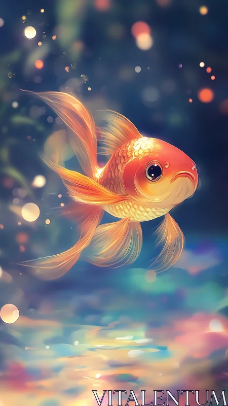 Luminous bokeh-lit goldfish with volumetric fins in motion.