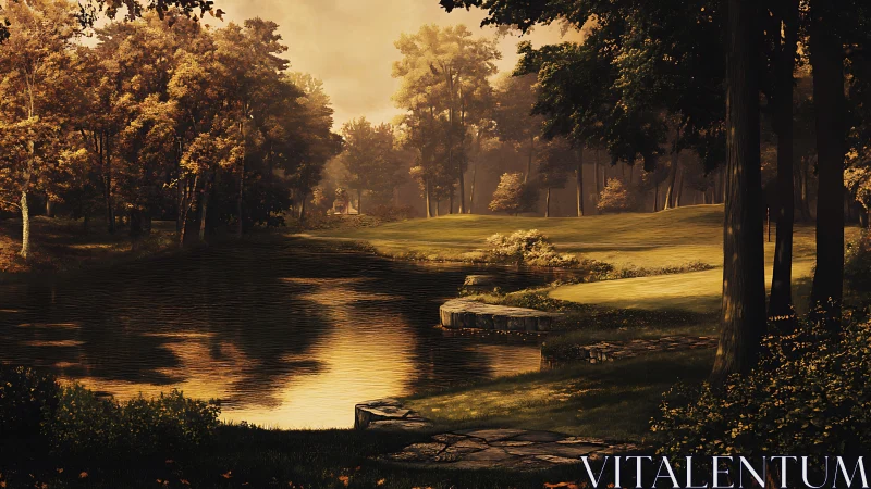 Honeyed woodland pond basking in lingering autumn light.