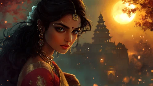 Moonlit temple watches over a regal woman in red silk