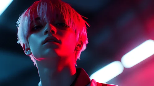 Neon-lit portrait with saturated red cyan rim lighting effect.