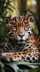Jaguar portrait in rainforest foliage with shallow depth of field.