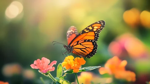 Monarch butterfly rests on orange flower in shallow focus field