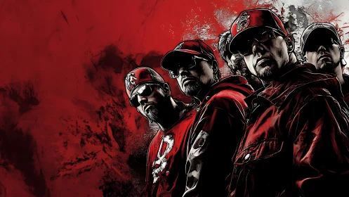 Urban hip hop crew dominates crimson grunge skyline.