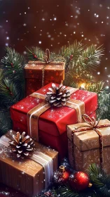 Cozy Christmas gifts rest under snowy pine branches tonight