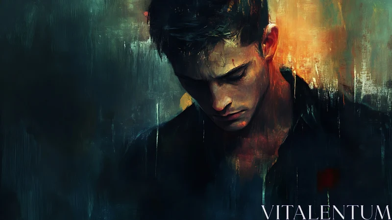 Brooding ember-hearted portrait in rainwashed shadows.