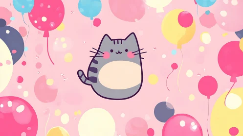 Stylized Feline Illustration Centered Against Chromatic Spheres Pattern